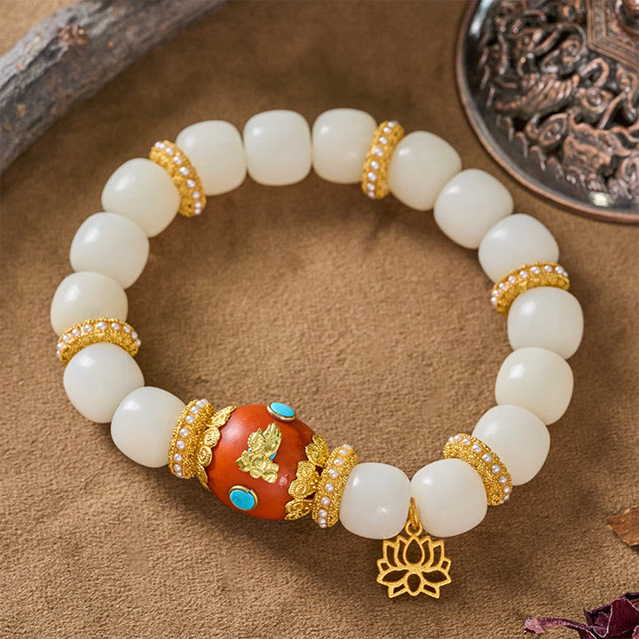 Buddha Stones Bracelet de perles de bénédiction avec pendentif lotus ovale orange gravé tibétain et graine de Bodhi blanche - image 3
