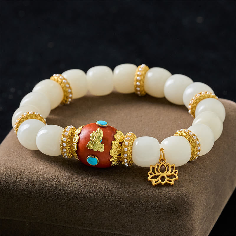 Buddha Stones Bracelet de perles de bénédiction avec pendentif lotus ovale orange gravé tibétain et graine de Bodhi blanche - Graine de Bodhi blanche (Tour de poignet : 18-19 cm) - image 0