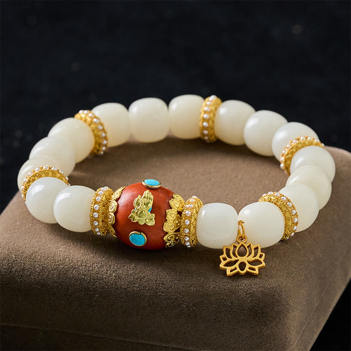 Buddha Stones Bracelet de perles de bénédiction avec pendentif lotus ovale orange gravé tibétain et graine de Bodhi blanche - Graine de Bodhi blanche (Tour de poignet : 18-19 cm) - image 0