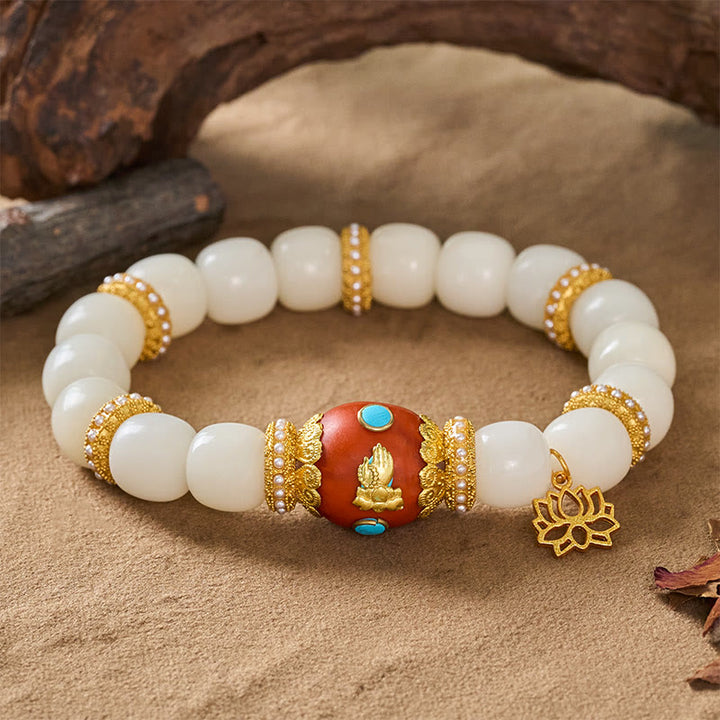 Buddha Stones Bracelet de perles de bénédiction avec pendentif lotus ovale orange gravé tibétain et graine de Bodhi blanche - image 8