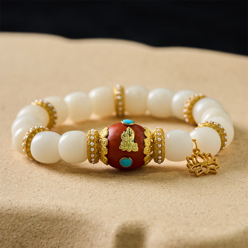 Buddha Stones Bracelet de perles de bénédiction avec pendentif lotus ovale orange gravé tibétain et graine de Bodhi blanche - image 1