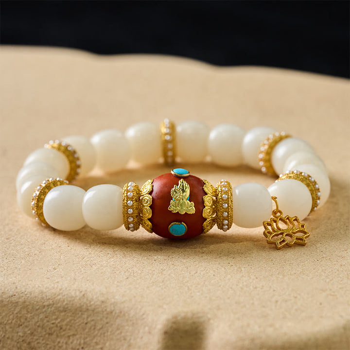 Buddha Stones Bracelet de perles de bénédiction avec pendentif lotus ovale orange gravé tibétain et graine de Bodhi blanche - image 1