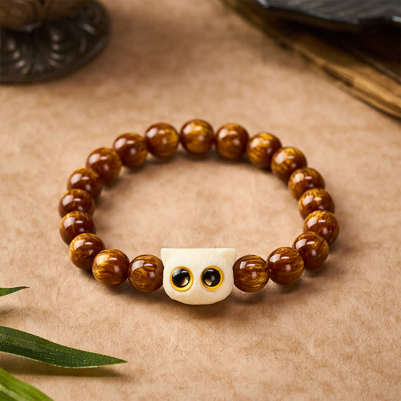 Buddha Stones Bracelet de sagesse chat et fruits ivoire en perles de résine jaune - 10 mm (Tour de poignet : 6,3-6,7 po / 16-17 cm) - image 0