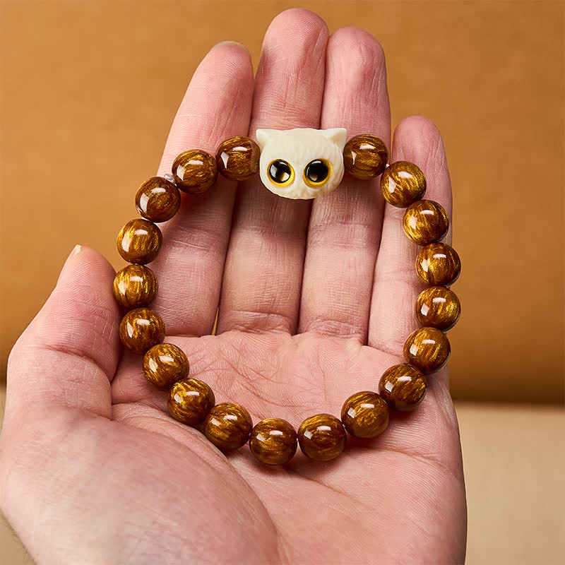 Buddha Stones Bracelet de sagesse chat et fruits ivoire en perles de résine jaune - image 5