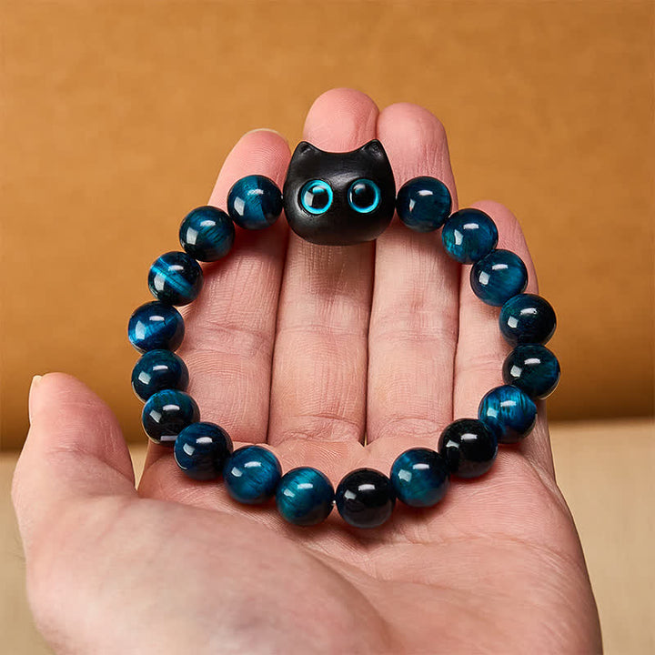 Buddha Stones Bracelet de force féline en bois d'ébène et œil de tigre bleu - image 5