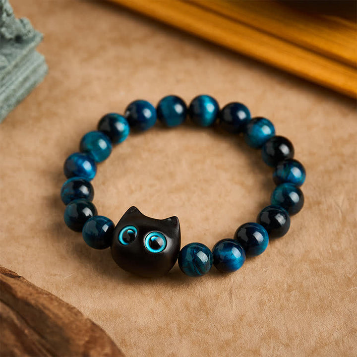 Buddha Stones Bracelet de force féline en bois d'ébène et œil de tigre bleu - 10 mm (Tour de poignet : 6,3-6,7 po / 16-17 cm) - image 0