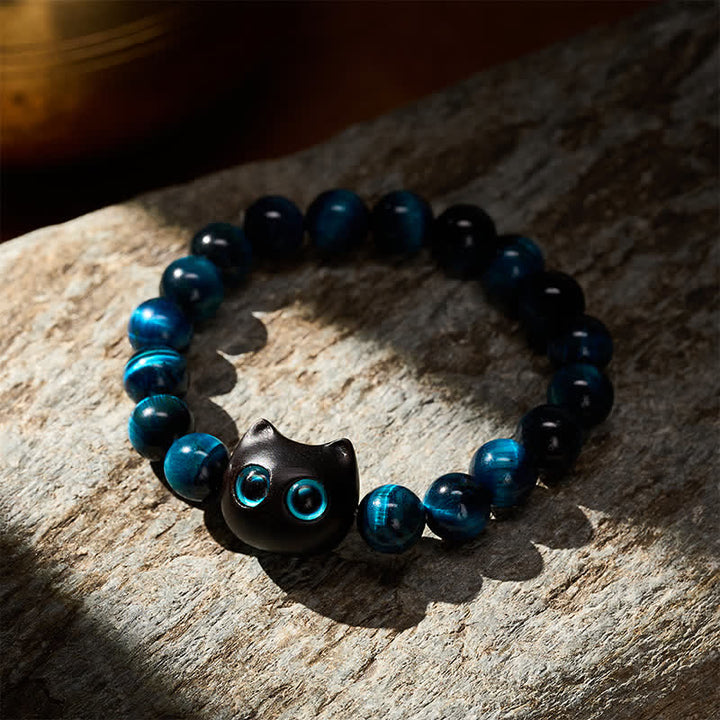 Buddha Stones Bracelet de force féline en bois d'ébène et œil de tigre bleu - image 3