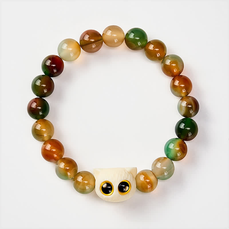 Buddha Stones Bracelet en agate paon, ivoire et fruit, symbole de courage et de chat - image 2