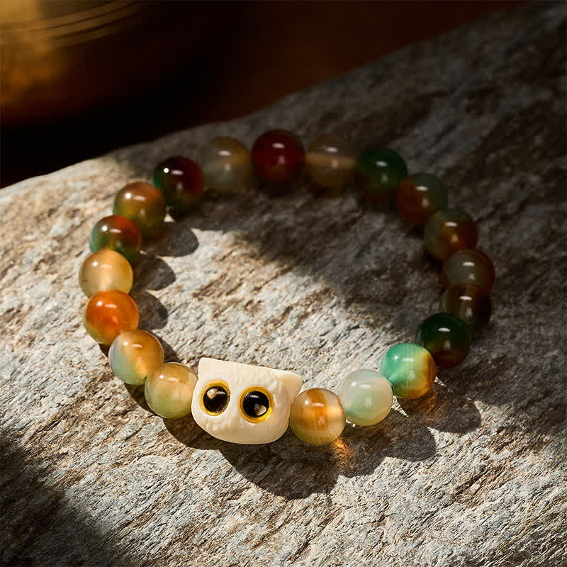 Buddha Stones Bracelet en agate paon, ivoire et fruit, symbole de courage et de chat - image 3