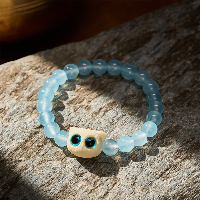 Buddha Stones Bracelet de pouvoir chat fruité en calcédoine bleue et ivoire - image 3