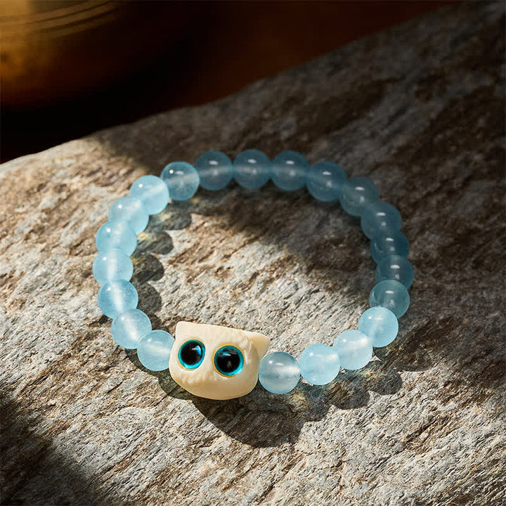 Buddha Stones Bracelet de pouvoir chat fruité en calcédoine bleue et ivoire - image 3