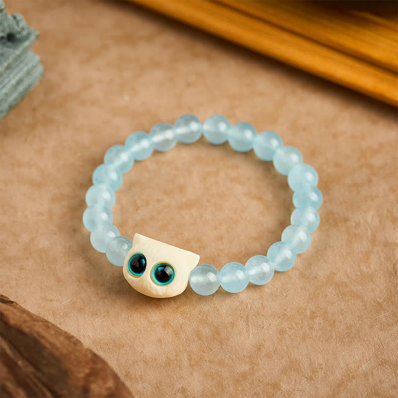 Buddha Stones Bracelet de pouvoir chat fruité en calcédoine bleue et ivoire - image 1