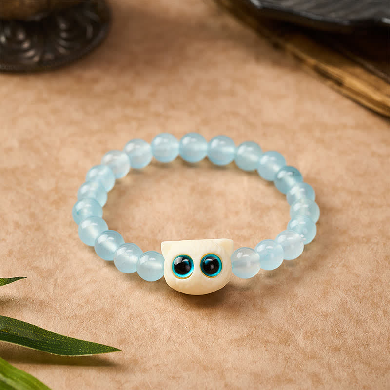 Buddha Stones Bracelet de pouvoir chat fruité en calcédoine bleue et ivoire - 8 mm (Tour de poignet : 15-16 cm) - image 0