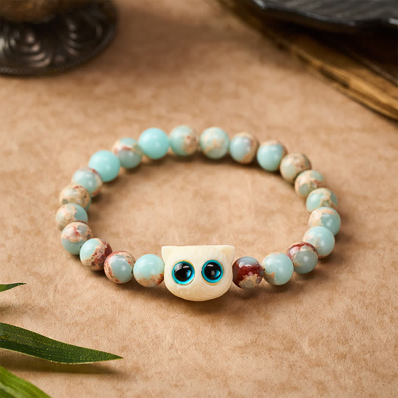 Buddha Stones Bracelet de prospérité Shoushan en pierre d'ivoire et motif chat et fruits - 8 mm (Tour de poignet : 15-16 cm) - image 0