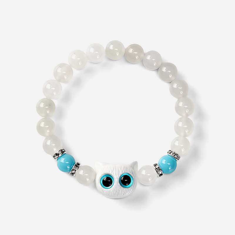 Buddha Stones Bracelet de pureté en perles de jade blanc et obsidienne noire à tête de chat mignon - image 9