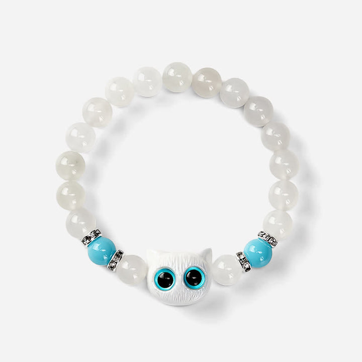 Buddha Stones Bracelet de pureté en perles de jade blanc et obsidienne noire à tête de chat mignon - image 9