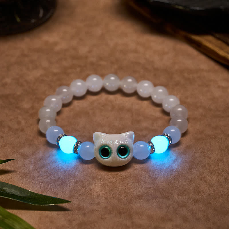 Buddha Stones Bracelet de pureté en perles de jade blanc et obsidienne noire à tête de chat mignon - Jade blanc (Tour de poignet : 15–16 cm) - image 1