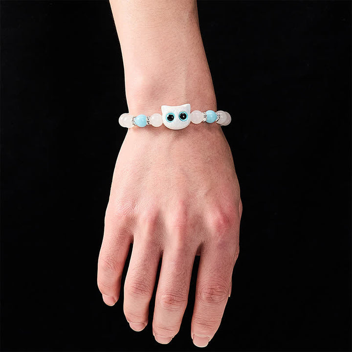 Buddha Stones Bracelet de pureté en perles de jade blanc et obsidienne noire à tête de chat mignon - image 5