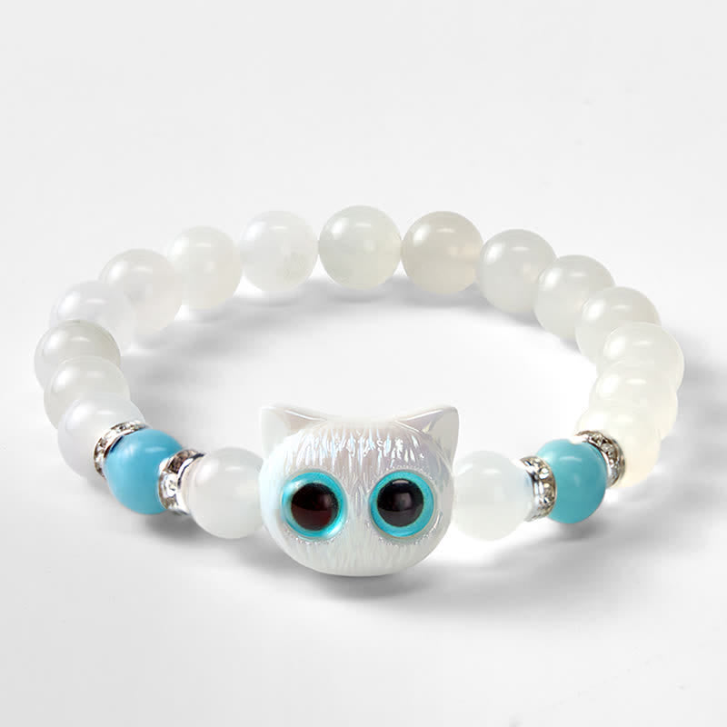 Buddha Stones Bracelet de pureté en perles de jade blanc et obsidienne noire à tête de chat mignon - image 10
