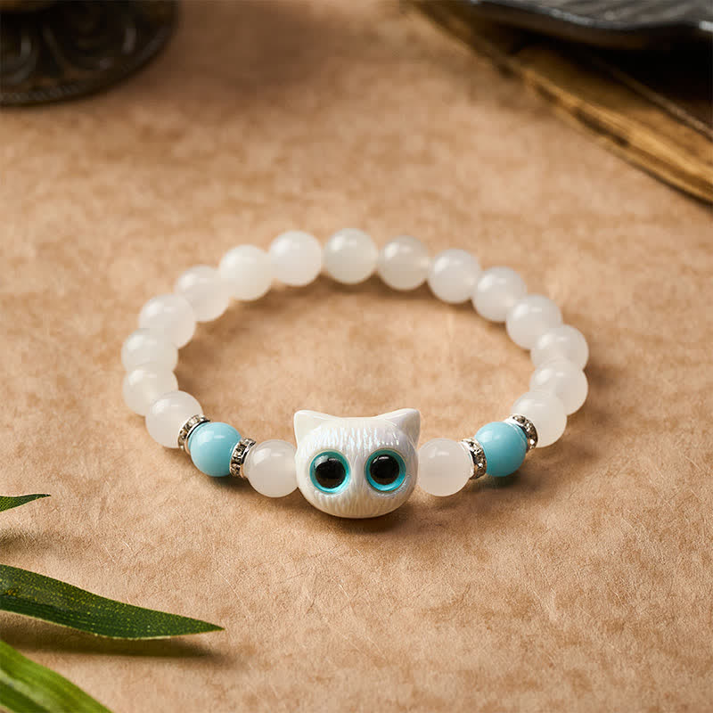 Buddha Stones Bracelet de pureté en perles de jade blanc et obsidienne noire à tête de chat mignon - image 8