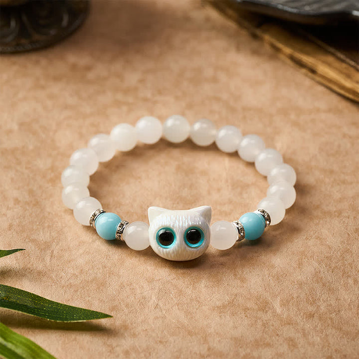 Buddha Stones Bracelet de pureté en perles de jade blanc et obsidienne noire à tête de chat mignon - image 8