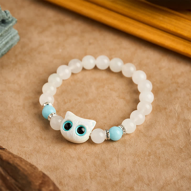 Buddha Stones Bracelet de pureté en perles de jade blanc et obsidienne noire à tête de chat mignon - image 2