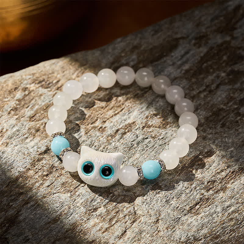 Buddha Stones Bracelet de pureté en perles de jade blanc et obsidienne noire à tête de chat mignon - image 3