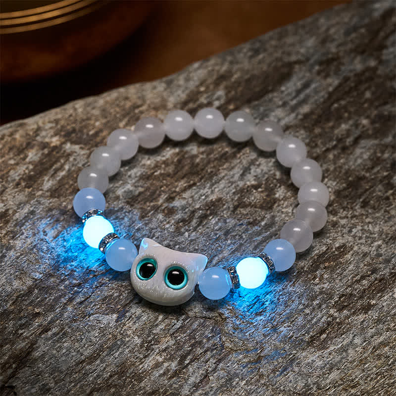 Buddha Stones Bracelet de pureté en perles de jade blanc et obsidienne noire à tête de chat mignon - image 4