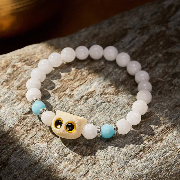 Buddha Stones Bracelet de pureté en perles d'obsidienne noire et de calcédoine blanche à tête de chat aux grands yeux - image 8