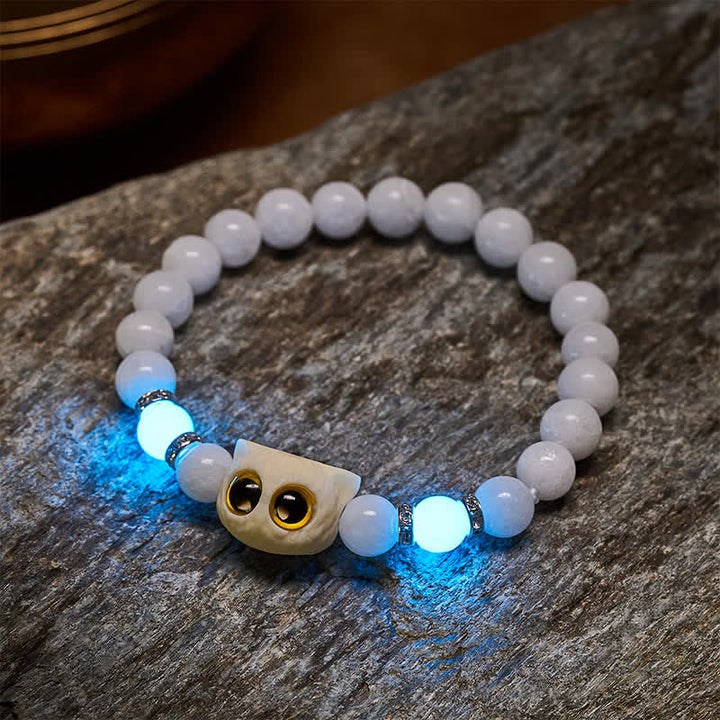 Buddha Stones Bracelet de pureté en perles d'obsidienne noire et de calcédoine blanche à tête de chat aux grands yeux - image 4