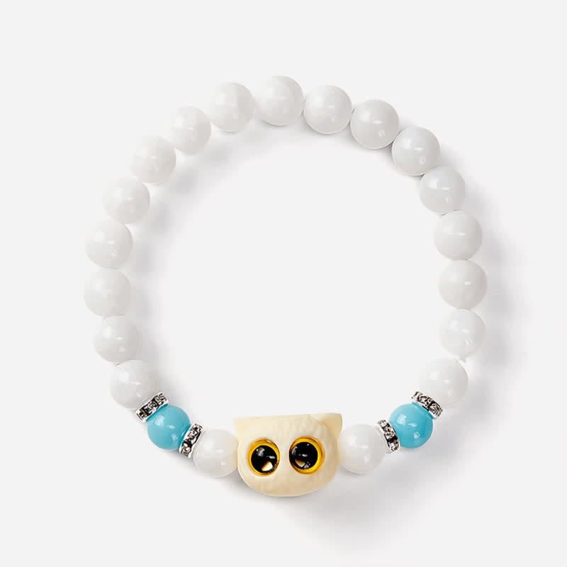 Buddha Stones Bracelet de pureté en perles d'obsidienne noire et de calcédoine blanche à tête de chat aux grands yeux - image 9