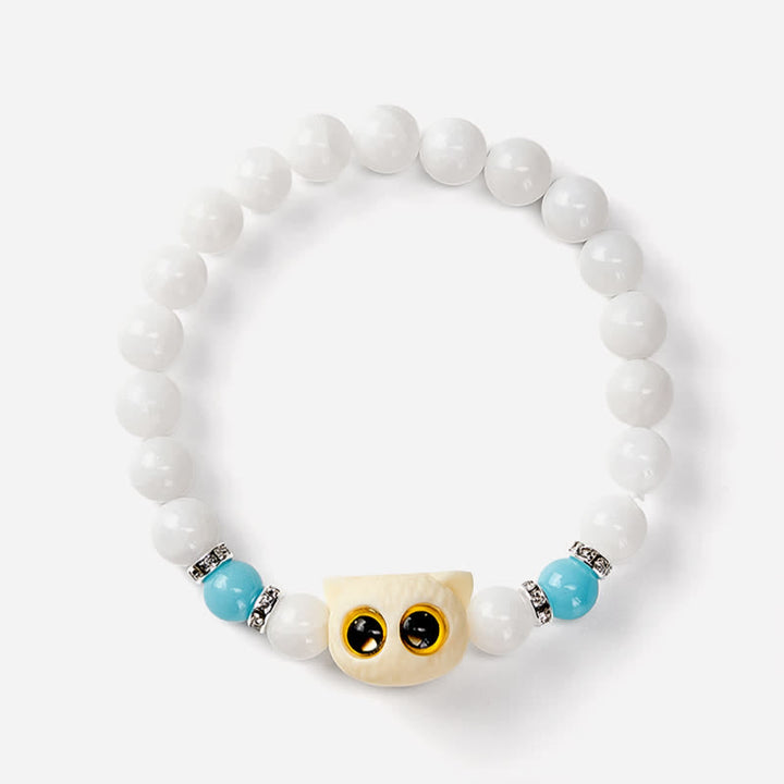 Buddha Stones Bracelet de pureté en perles d'obsidienne noire et de calcédoine blanche à tête de chat aux grands yeux - image 9
