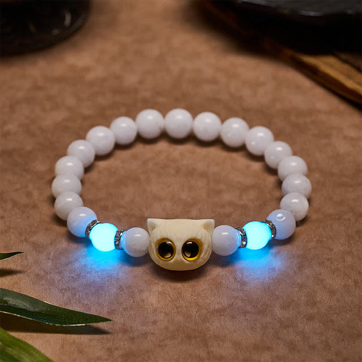 Buddha Stones Bracelet de pureté en perles d'obsidienne noire et de calcédoine blanche à tête de chat aux grands yeux - Calcédoine blanche (Tour de poignet : 15–16 cm) - 8 mm - image 1