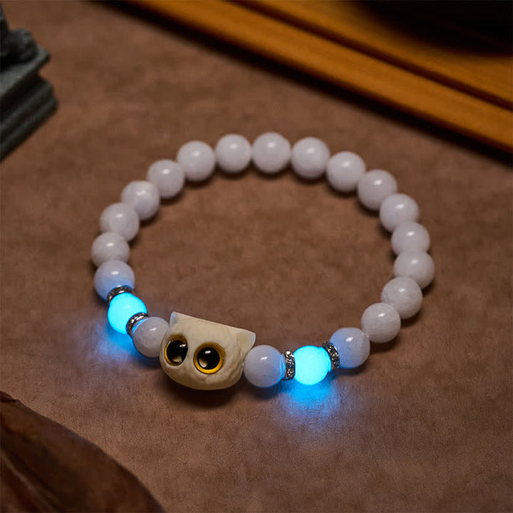 Buddha Stones Bracelet de pureté en perles d'obsidienne noire et de calcédoine blanche à tête de chat aux grands yeux - image 7