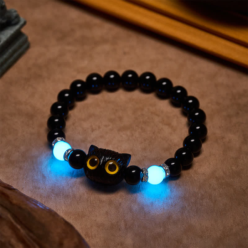 Buddha Stones Bracelet de pureté en perles d'obsidienne noire et de calcédoine blanche à tête de chat aux grands yeux - image 18