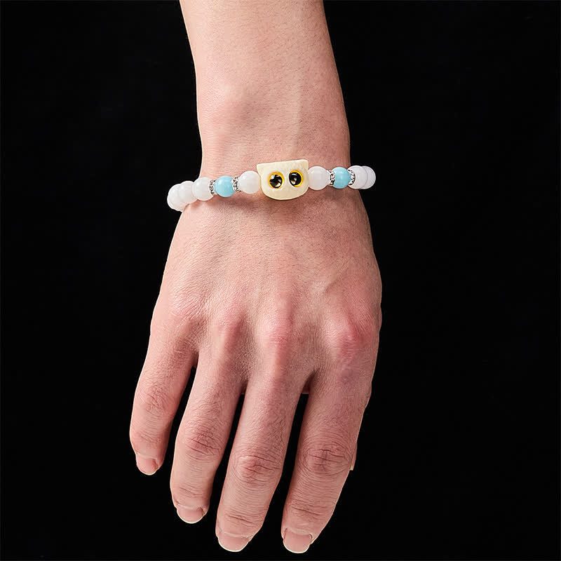 Buddha Stones Bracelet de pureté en perles d'obsidienne noire et de calcédoine blanche à tête de chat aux grands yeux - image 5