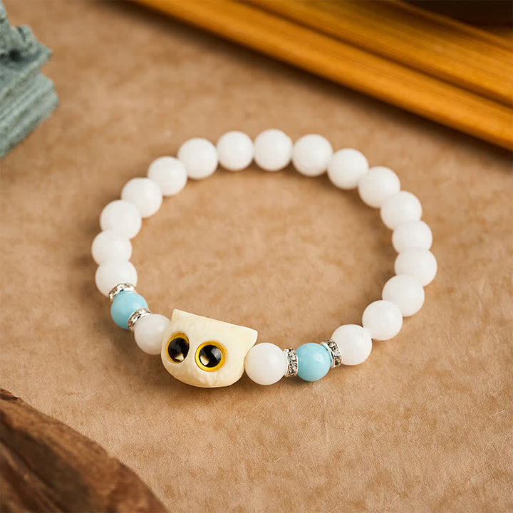 Buddha Stones Bracelet de pureté en perles d'obsidienne noire et de calcédoine blanche à tête de chat aux grands yeux - image 2