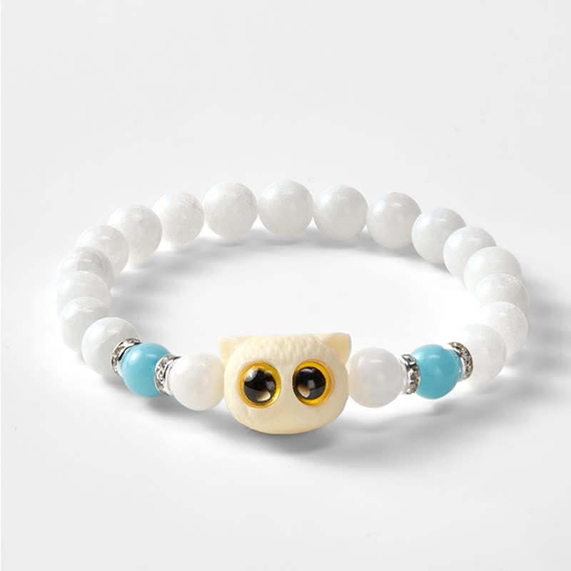 Buddha Stones Bracelet de pureté en perles d'obsidienne noire et de calcédoine blanche à tête de chat aux grands yeux - image 10