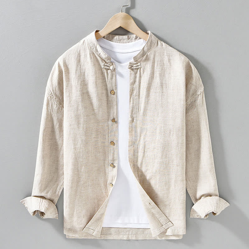 Buddha Stones Chemises à manches longues pour hommes, style Tang, col mandarin, style décontracté automne - Beige - US/UK/AU42，EU52 (3XL) - image 8