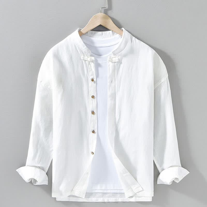 Buddha Stones Chemises à manches longues pour hommes, style Tang, col mandarin, style décontracté automne - Blanc - US/UK/AU42，EU52 (3XL) - image 16