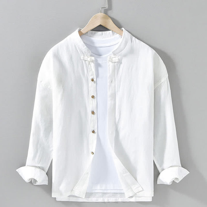 Buddha Stones Chemises à manches longues pour hommes, style Tang, col mandarin, style décontracté automne - Blanc - US/UK/AU42，EU52 (3XL) - image 16