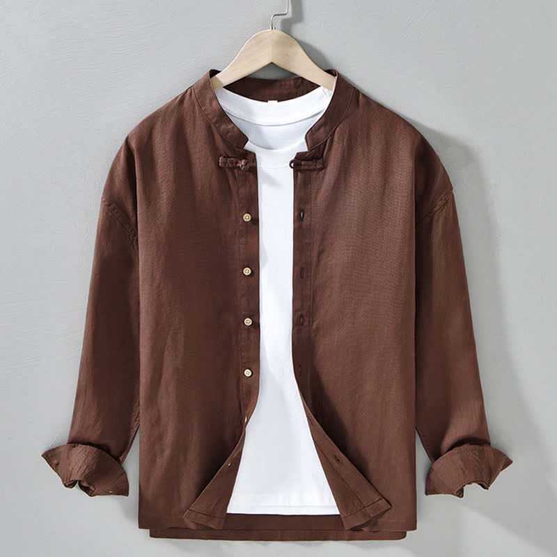 Buddha Stones Chemises à manches longues pour hommes, style Tang, col mandarin, style décontracté automne - SaddleBrown - US/UK/AU42，EU52 (3XL) - image 0
