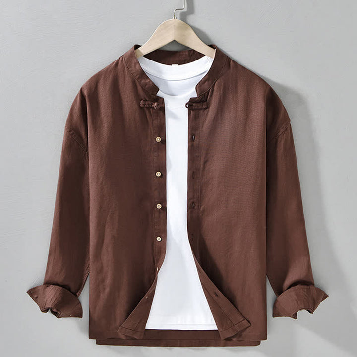 Buddha Stones Chemises à manches longues pour hommes, style Tang, col mandarin, style décontracté automne - SaddleBrown - US/UK/AU42，EU52 (3XL) - image 0