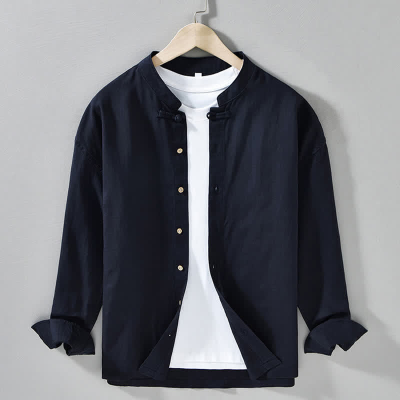 Buddha Stones Chemises à manches longues pour hommes, style Tang, col mandarin, style décontracté automne - Bleu nuit - US/UK/AU42，EU52 (3XL) - image 5