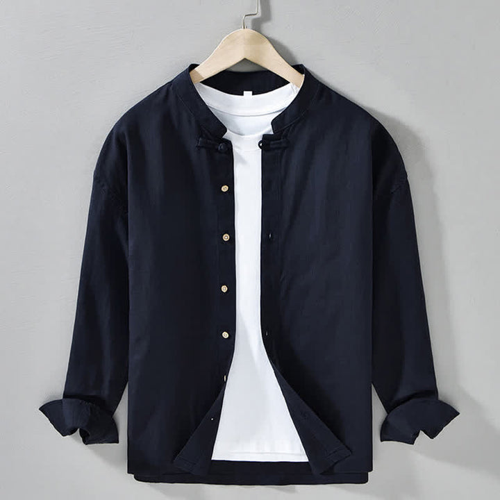 Buddha Stones Chemises à manches longues pour hommes, style Tang, col mandarin, style décontracté automne - Bleu nuit - US/UK/AU42，EU52 (3XL) - image 5
