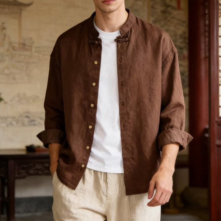 Buddha Stones Chemises à manches longues pour hommes, style Tang, col mandarin, style décontracté automne - image 1