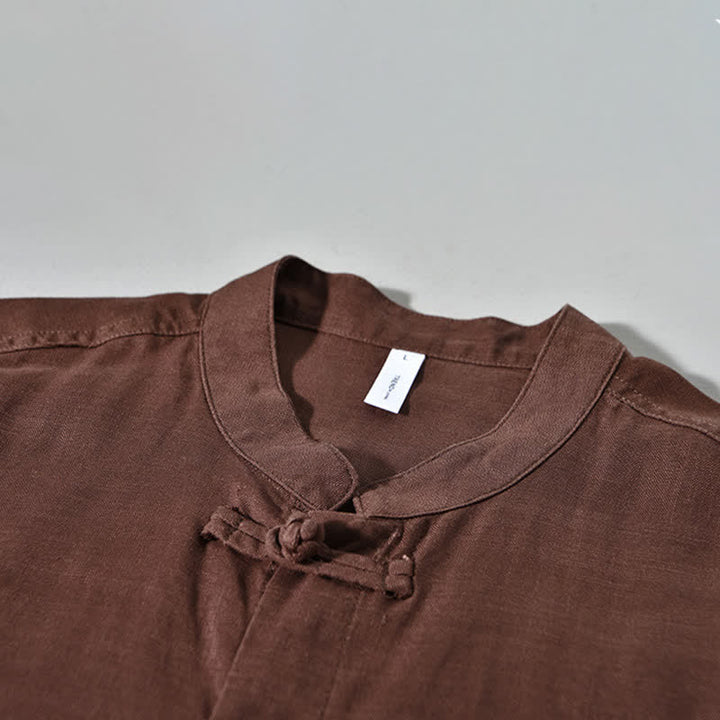 Buddha Stones Chemises à manches longues pour hommes, style Tang, col mandarin, style décontracté automne - image 2