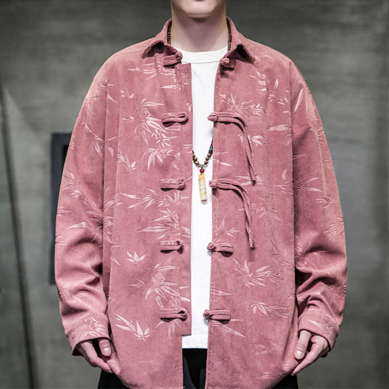 Buddha Stones Chemises à manches longues pour hommes, style Tang, bouton grenouille, en velours côtelé imprimé bambou, automne-hiver - RosyBrown - US/UK/AU46，EU56 (5XL) - image 9