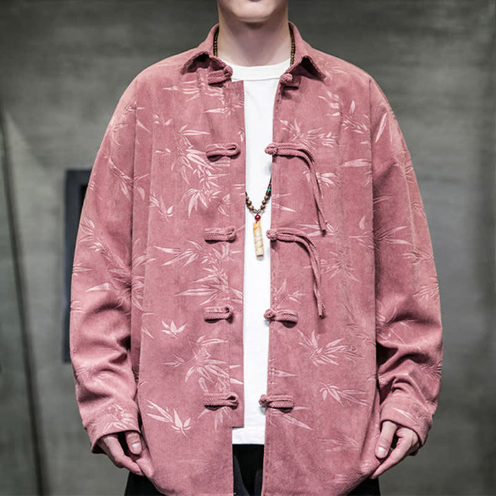 Buddha Stones Chemises à manches longues pour hommes, style Tang, bouton grenouille, en velours côtelé imprimé bambou, automne-hiver - RosyBrown - US/UK/AU46，EU56 (5XL) - image 9