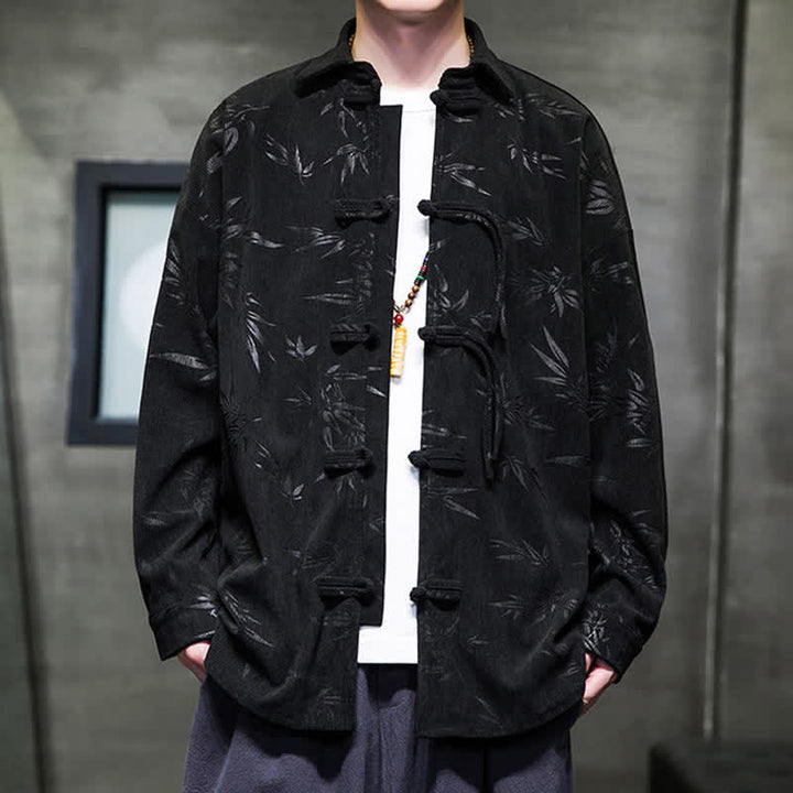 Buddha Stones Chemises à manches longues pour hommes, style Tang, bouton grenouille, en velours côtelé imprimé bambou, automne-hiver - Noir - US/UK/AU46，EU56 (5XL) - image 17